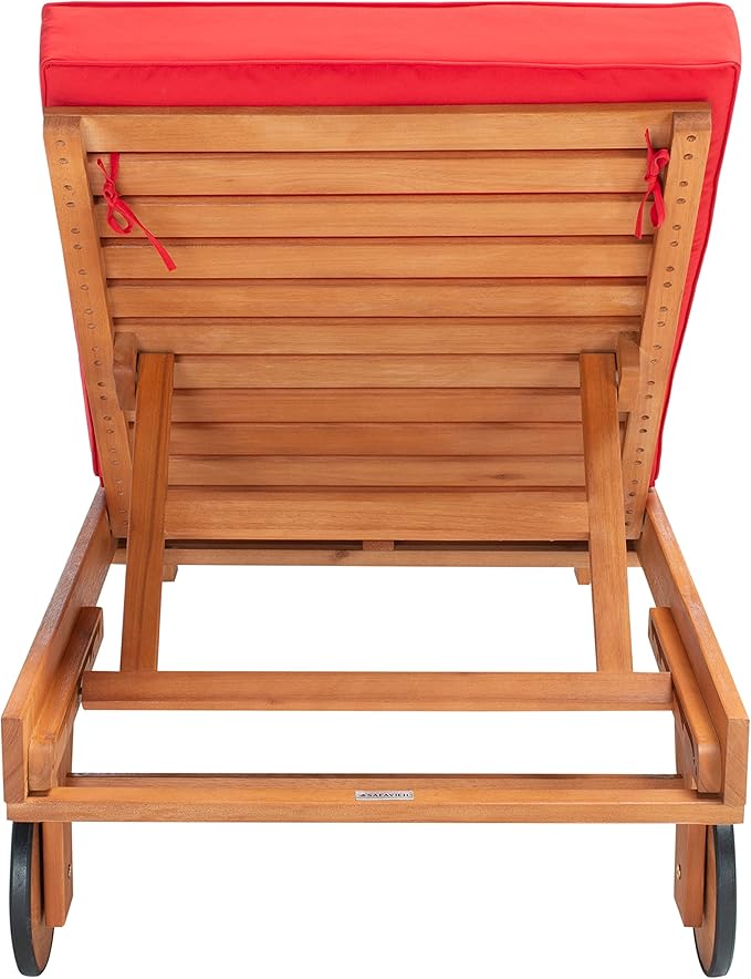 SAFAVIEH Outdoor Collection Newport Natural/ Red Cushion Built-in Side Table Adjustable Chaise Lounge Chair