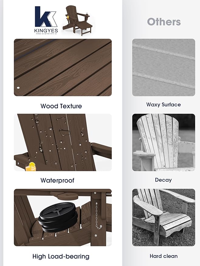 KINGYES Folding Adjustable Adirondack Chair with Ottoman & 2 Cup Holders, HDPE Adirondack Recliner Chair with Footrest - Photo 8