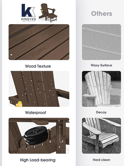 KINGYES Folding Adjustable Adirondack Chair with Ottoman & 2 Cup Holders, HDPE Adirondack Recliner Chair with Footrest, Coffee
