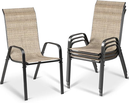 MAMIZO Patio Dining Chairs, Stackable All Weather Teslin Chair, Heavy Duty Outdoor Breathable Chairs Set, w/Armrests, Upgraded Chair FeetW/Strenthened Iron Spacers, 330 LBS (4, Brown)