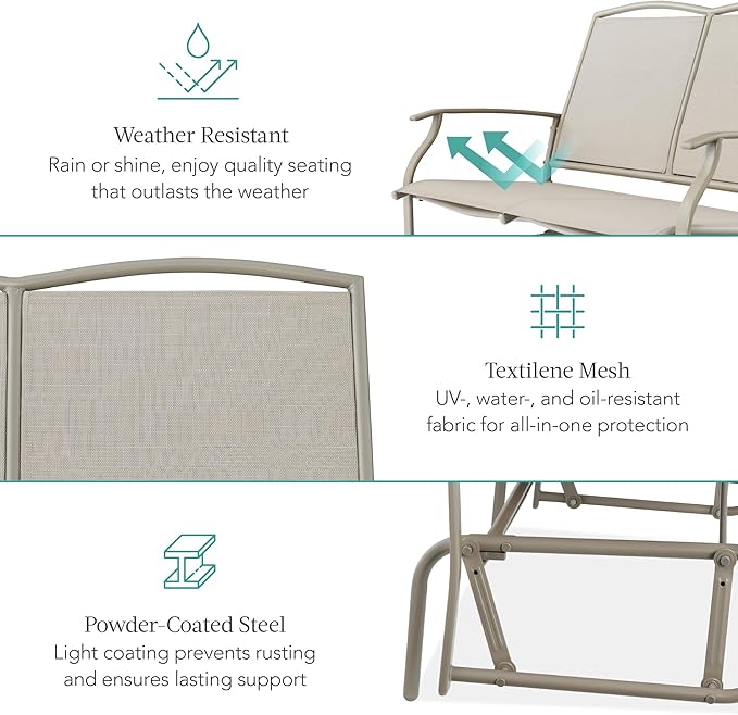 Best Choice Products 2-Person Outdoor Patio Swing Glider Steel Bench Loveseat Rocker for Deck, Porch w/Textilene Fabric - Photo 5