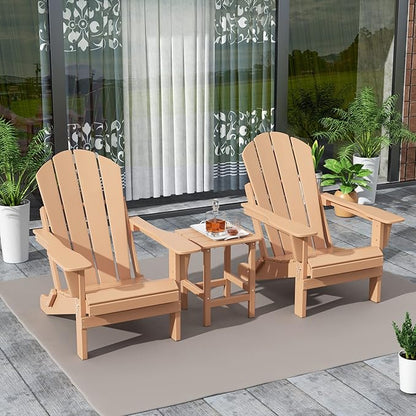 WestinTrends Malibu 3-Pieces Adirondack Chairs Set with Side Table, All Weather Outdoor Seating Plastic Patio Lawn Chair Folding for Outside Porch Deck Backyard, Teak