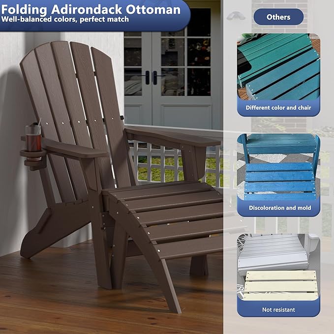 Plawdlik Folding Ottoman for Adirondack Chair–HDPE All-Weather Footrest for Outdoor Use, Garden & Poolside– Anti-Cracking, Fade-Resistant, Easy Assembly–Coffee