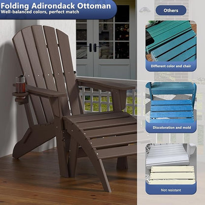 Plawdlik Folding Ottoman for Adirondack Chair–HDPE All-Weather Footrest for Outdoor Use, Garden & Poolside– Anti-Cracking, Fade-Resistant, Easy Assembly–Coffee