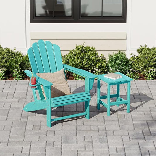 Costaelm Lakeview Outdoor Patio HDPE Adirondack Chair with Cup Holder and Table Set, Turquoise