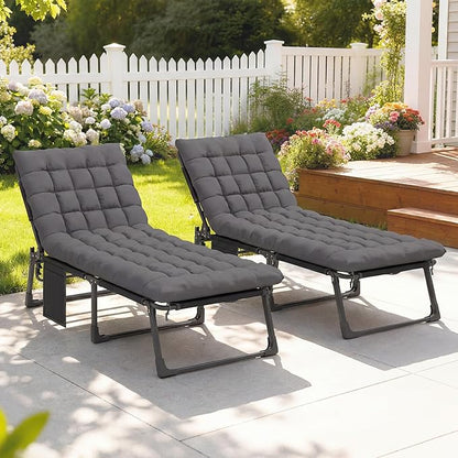 Outsunny Chaise Lounge Chair Outdoor Set of 2, 5-Position Reclining Pool Lounge Chairs with Cushions, Side Pocket, Headrest, Folding Lounger Tanning Chair Camping Cot for Patio, Beach, Dark Gray