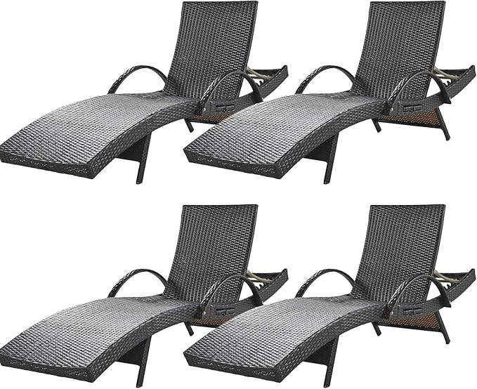 80'' Outdoor Wicker Chaise Lounge Chairs Set of 4, Patio Rattan Reclining Chair with Pull-Out Side Table - Photo 1