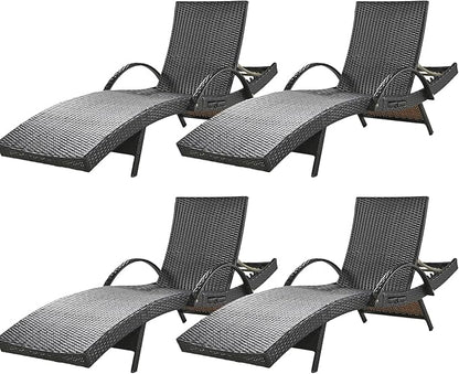 80'' Outdoor Wicker Chaise Lounge Chairs Set of 4, Patio Rattan Reclining Chair with Pull-Out Side Table, Adjustable Backrest for Beach, Poolside, Garden, Backyard, Dark Brown