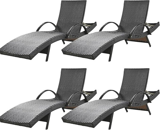 80'' Outdoor Wicker Chaise Lounge Chairs Set of 4, Patio Rattan Reclining Chair with Pull-Out Side Table, Adjustable Backrest for Beach, Poolside, Garden, Backyard, Dark Brown
