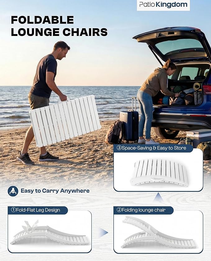 in-Pool Lounge Chairs Set of 2, Folding HDPE Pool Chairs Anti-Floating No Sandbags with Cup Holder & Handles, Outdoor Chaise Lounge for Poolside, Patio & Sun Deck(White)