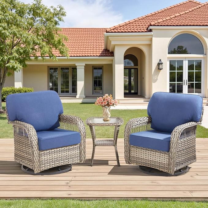 3 Pieces Patio Furniture Set with Swivel Chairs, All Weather Wicker Swivel Rocker Patio Chairs Rattan Side Table - Photo 1