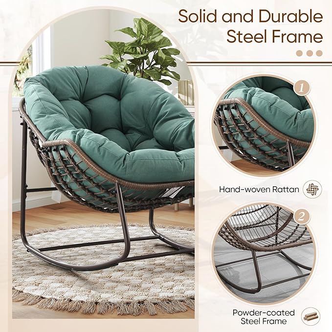 Large Indoor Outdoor Rocking Chair, Oversized Rocking Papasan Chair with Thick Cushion and Frame Outdoor Rocker, Comfy Wicker Egg Chairs Lounge for Outside Porch Patio Backyard Balcony, Light Green