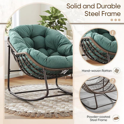 Large Indoor Outdoor Rocking Chair, Oversized Rocking Papasan Chair with Thick Cushion and Frame Outdoor Rocker, Comfy Wicker Egg Chairs Lounge for Outside Porch Patio Backyard (Light Green, Set of 2)