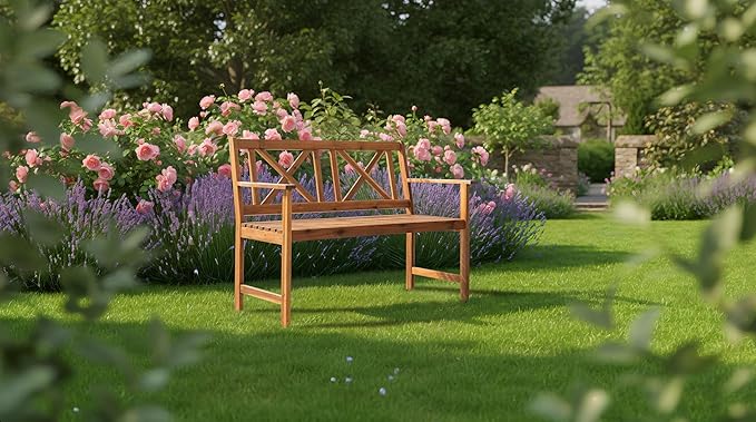 Outdoor Garden Bench Wood Bench in Natural Acacia Wood with Cross Back Design, Patio Dining Furniture for Front Porch, Patio, Lawn, Balcony, Yard, Porch, 47.2" x 24" x 35.4"