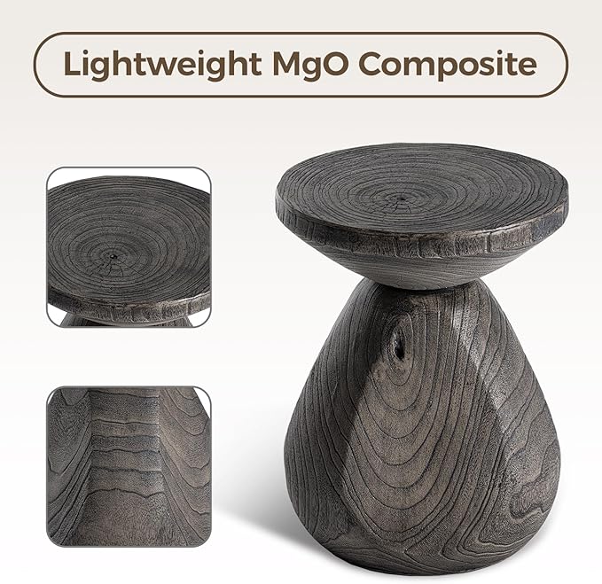 COSIEST Outdoor Side Table Colored Faux Wood, Stump End Stool w Tree Rings, Round Side Wood Tree End Table for Plant Stand, Deck or Garden, Grey