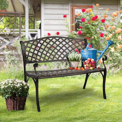 VINGLI 40.5" Patio Garden Bench,Anti- Rust Cast Iron Cast Aluminum Frame for Outdoor Path Yard Lawn Work Entryway Decor Deck (Brown)