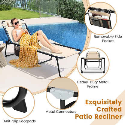 Goplus Extra Large Lounge Chair Outdoor, 27” Wide Folding 5-Position Tanning Chair with Detachable Pillow, Side Pocket, 16” High Chaise Lounger, 440LBS Capacity, Patio Lounge Chair for Yard Pool Yard