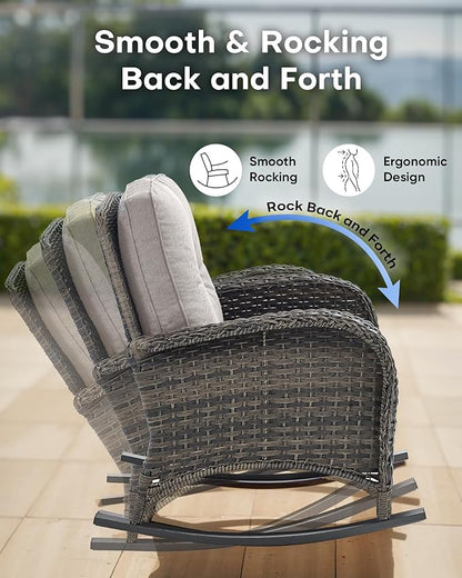 Outdoor Rocking Chairs Set of 2-Patio Table and Chairs Set Outdoor Conversation Furniture Sets for Deck Porch Garden Balcony Poolside-Brown/Beige