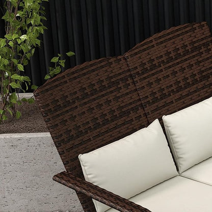 Outsunny Wicker Adirondack Chair for 2 with Cushions & Footrests, PE Rattan Double Chaise Lounge Chair, Fire Pit Chair for Porch with High-Back, Wide Armrests, Cream White