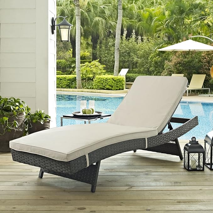 Modway Sojourn Wicker Rattan Outdoor Patio Sunbrella Fabric Chaise Lounge in Antique Canvas Beige - Photo 2