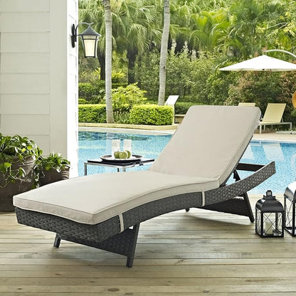 Modway Sojourn Wicker Rattan Outdoor Patio Sunbrella Fabric Chaise Lounge in Antique Canvas Beige