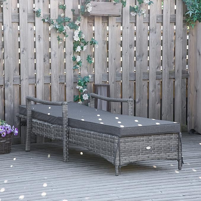 Outsunny Wicker Chaise Lounge, 4 Position Adjustable Backrest and Cushions Outdoor Lounge Chair PE Rattan Sun Lounger for Poolside, Balcony or Garden, Dark Grey