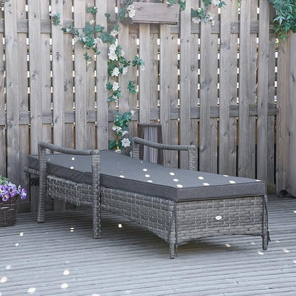 Outsunny Wicker Chaise Lounge, 4 Position Adjustable Backrest and Cushions Outdoor Lounge Chair PE Rattan Sun Lounger for Poolside, Balcony or Garden, Dark Grey