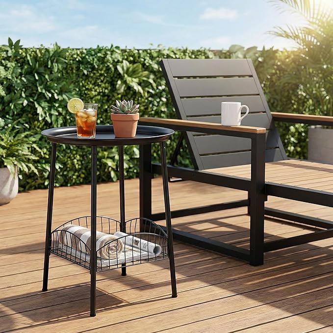 2 PCS Small Outdoor Side Table, 2-Tier Round Metal Patio Table, Accent Table Waterproof, Weather Resistant End Table for Yard Porch Pool Balcony Garden Bedside