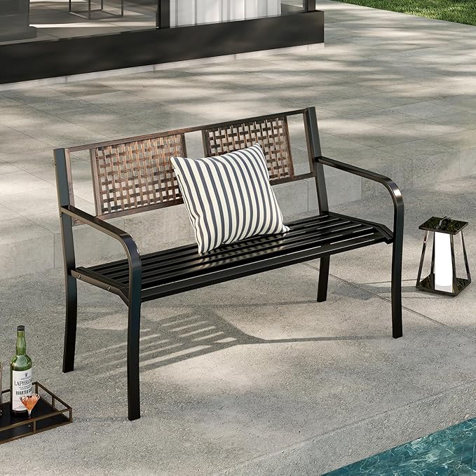Tangkula 50” Outdoor Metal Park Bench, Outdoor Garden Bench for 2-3 People with Rattan-Like Backrest & Curved Armrests, Heavy-Duty Patio Modern Slatted Seating for Backyard, Poolside, Porch