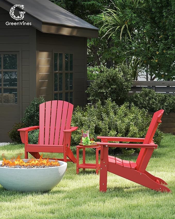 GREENVINES Adirondack Chair | HDPE Plastic | Oversized Fire Pit Chairs | All Weather | Red | Poly Lumber | for Outdoor Deck Backyard Patio Garden