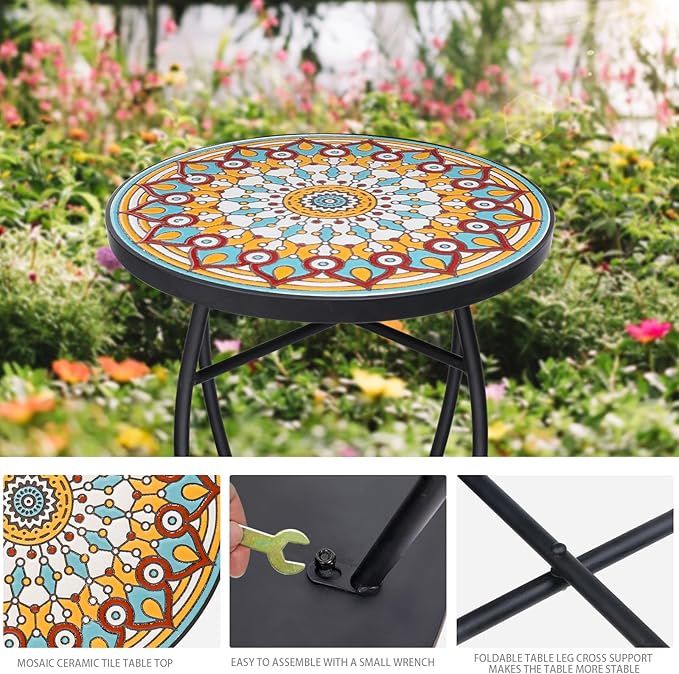 VCUTEKA Mosaic Outdoor Side Table - Small Patio Table Coffee Outside Accent Tables Round End Plant Tables for Bistro - Photo 5