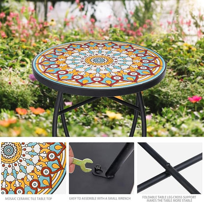 VCUTEKA Mosaic Outdoor Side Table - Small Patio Table Coffee Outside Accent Tables Round End Plant Tables for Bistro Balcony Porch Outdoor Benches 14'' Multi Yellow