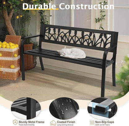 Black Garden Bench 49 inch Iron PVC, Outdoor Patio Bench, All-Weather Black Bench for Porch, Lawn, Backyard, Patio Park Outside Benches for Front Porch, Patio Seating Benchs