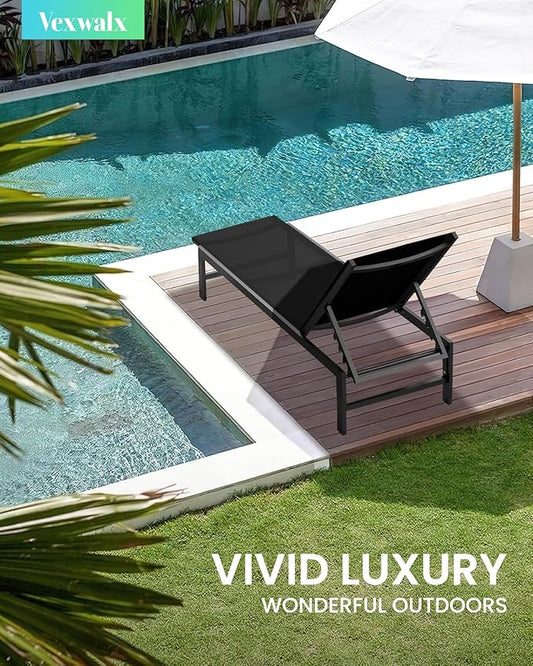 Outdoor Lounge Chair for Pool, Aluminum Chaise Lounge Chairs with 5-Position Recliner, Patio Lounge Chair for Backyard, Poolside, Deck, Lawn (Black)