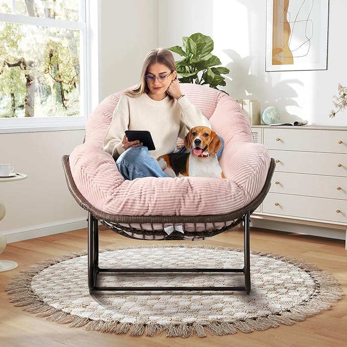 SLEERWAY Large Indoor Rocking Chair Set of 2, Oversized Rocking Papasan Chair with Thick Cushion and Frame, Comfy Corduroy Rocker Wicker Egg Chairs Lounge Reading Chair for Living Room, Bedroom, Pink