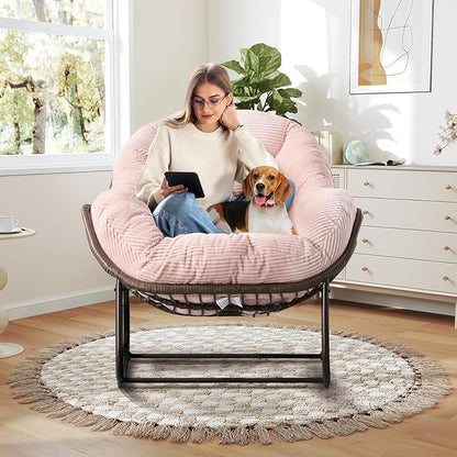 SLEERWAY Large Indoor Rocking Chair Set of 2, Oversized Rocking Papasan Chair with Thick Cushion and Frame, Comfy Corduroy Rocker Wicker Egg Chairs Lounge Reading Chair for Living Room, Bedroom, Pink