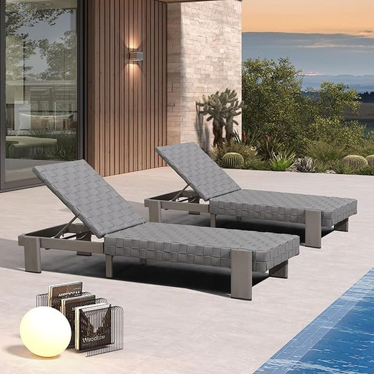 PURPLE LEAF Patio Lounge Chair Modern Luxury Outdoor Chaise Lounge 2 Pieces with Adjustable Backrest PU Leather Style Chaise Lounge Chairs for Pool Garden Backyard Beach, Grey