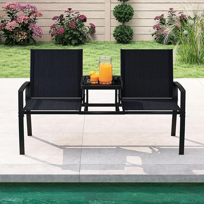 Tangkula Patio Loveseat with Built-in Table, 2-Seat Small Balcony Furniture with Breathable Fabric, Heavy Duty Metal Frame, Tempered Glass Tabletop, Outdoor Seating Bench for Porch Backyard Garden