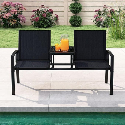 Tangkula Patio Loveseat with Built-in Table, 2-Seat Small Balcony Furniture with Breathable Fabric, Heavy Duty Metal Frame, Tempered Glass Tabletop, Outdoor Seating Bench for Porch Backyard Garden