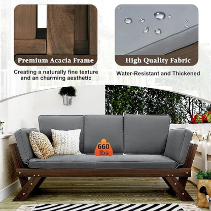 Merax Patio Sofa, Outdoor Adjustable Wooden Daybed, Chaise Lounge with Cushions, Gray