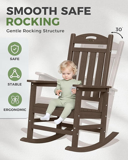 Oversized Outdoor Rocking Chair, HDPE All Weather Resistant Rocking Chairs for Patio, High Back Porch Rocker Chair, 380lbs Weight Capacity, Brown