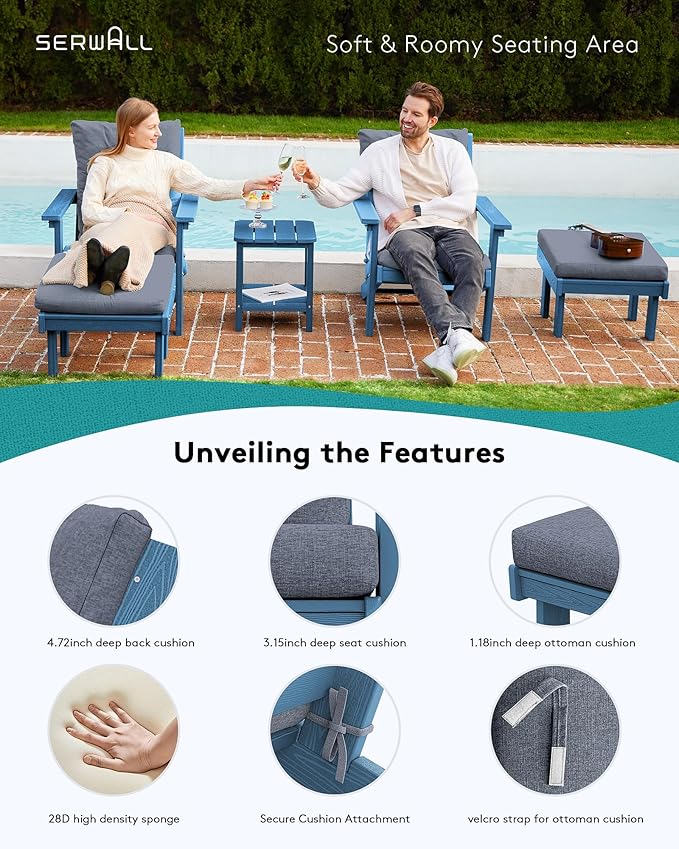 SERWALL Adirondack Chair Set of 2 with Cushion and Ottoman -All Weather HDPE Outdoor Adirondack Chair Set, Durable Adirondack Patio Chairs for Garden, Deck, or Poolside- Blue