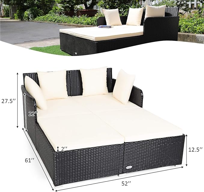 COSTWAY Outdoor Patio Rattan Daybed, Sponge Cushioned Loveseat Sofa with 4 Pillows, Wicker Furniture Sunbed for Balcony - Photo 3