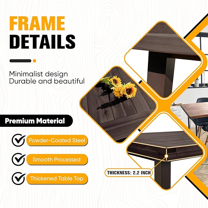 Flamaker Dining Table for 6 FSC Acacia Wood Indoor Outdoor Home Kitchen Table with Iron Legs Large Rectangular Patio - Photo 6