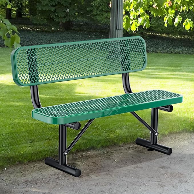 Heavy-Duty Park Bench for Outside - Black Coated Outdoor Furniture Steel Bench, Commercial-Grade Outdoor Benches Weatherproof for Park, Patio, Porch (Portable with Back, 4/6/8 Ft) (Green, 4FT)