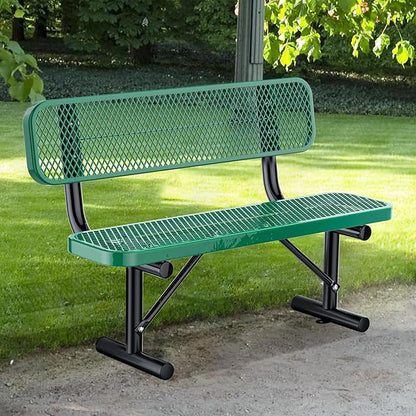 4 Feet Heavy Duty Park Bench with Back Portable Frame, Outdoor Steel Bench with Backrest, Expanded Metal Mesh Bench for Lawn, Park, Deck, Garden, Patio, Porch, Green