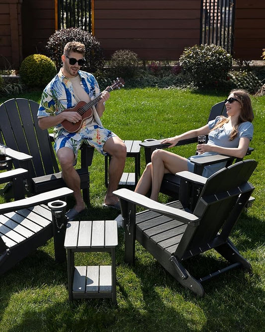 Folding Adirondack Chair, Patio Chair Wood Texture, Outdoor Chair Weather Resistant, Fire Pit Chair with Cup Holder, Composite Adirondack Chair Set of 4(Teak)