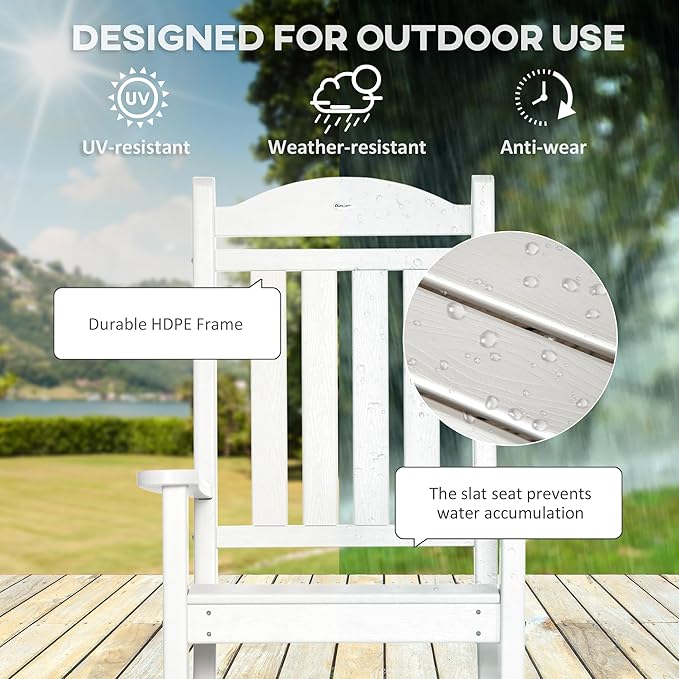 Outsunny 2 Pieces Outdoor Rocking Chair, All Weather-Resistant HDPE Rocking Patio Chairs with Rustic High Back, Armrests, Oversized Seat and Slatted Backrest, 350lbs Weight Capacity, White