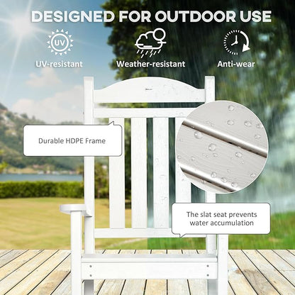 Outsunny 2 Pieces Outdoor Rocking Chair, All Weather-Resistant HDPE Rocking Patio Chairs with Rustic High Back, Armrests, Oversized Seat and Slatted Backrest, 350lbs Weight Capacity, White