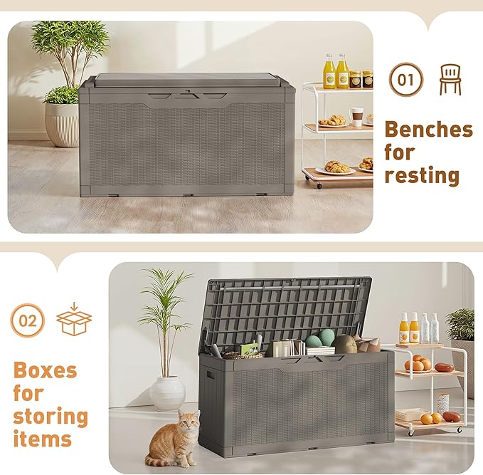 Greesum 100 Gallon Resin Deck Box Large Outdoor Storage Boxes with Cushions for Garden Tools, Patio Furniture Pillows - Photo 6